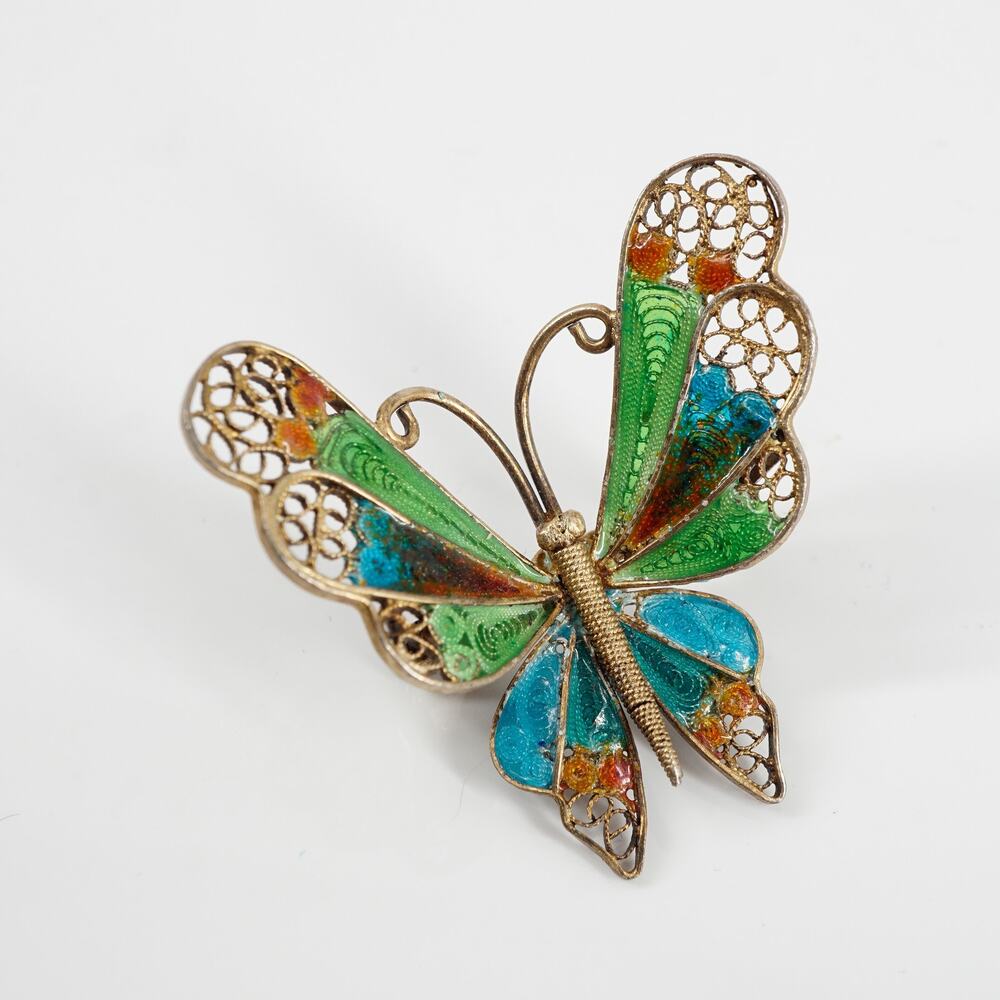 Vintage Chinese Export 800 Silver Gilt Enamel Butterfly Brooch Filigree Pin